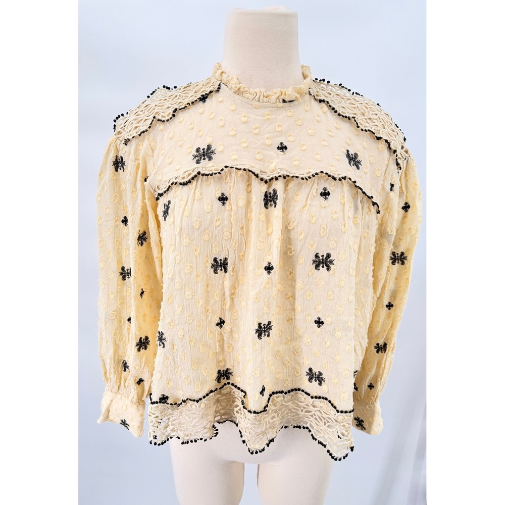 Maeve Anthropologie Blouse Womens L Ivory Black Embroidered Lace Boho Top